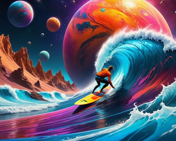 Surreal Cosmic Landscape with Surfer and Vibrant Waves