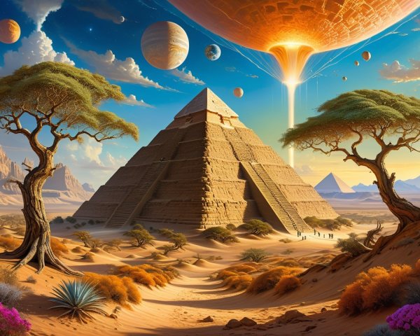 Majestic pyramid in a vibrant desert with surreal elements