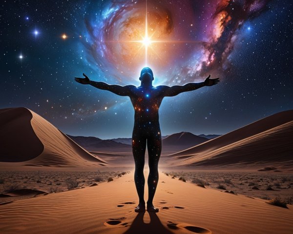 Cosmic Figure in Desert Embracing the Universe