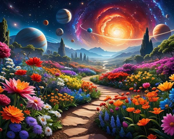 Vibrant Landscape with Flowers and Starry Sky