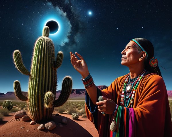 Native American Man in Traditional Attire at Eclipse