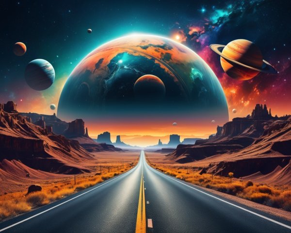 Cosmic Landscape with Highway and Majestic Planets