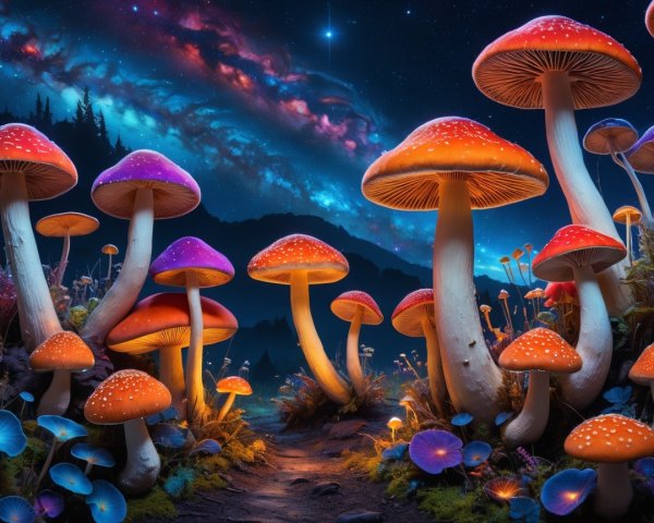 Vibrant Landscape with Luminous Mushrooms and Stars