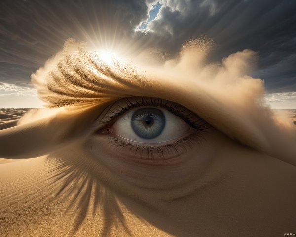 Surreal Desert Landscape with Giant Eye and Clouds