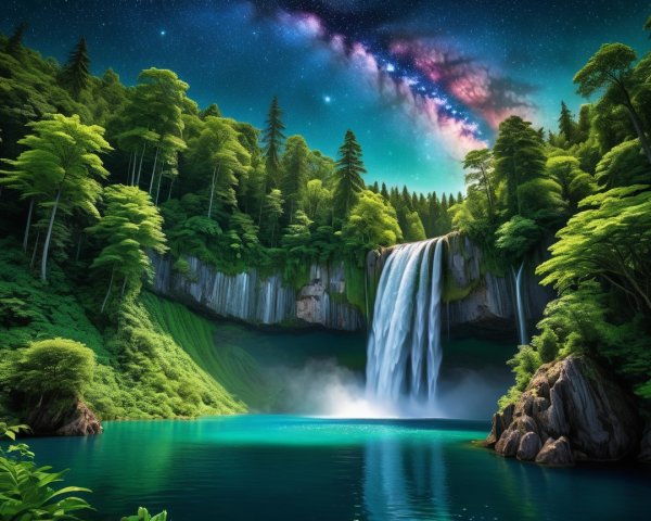 Majestic waterfall and turquoise lake in serene landscape