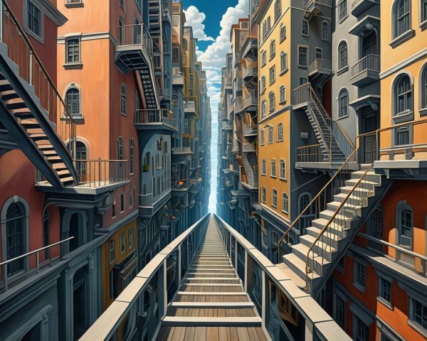 Surreal Cityscape with Warm Hues and Narrow Alleyways