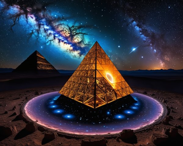 Cosmic Landscape with Pyramids and Starry Sky