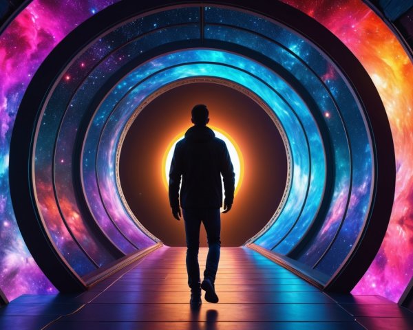Silhouette at Cosmic Tunnel Entrance with Galaxies