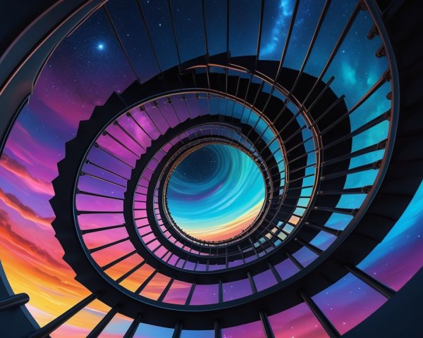 Spiral Staircase Against a Cosmic Colorful Sky
