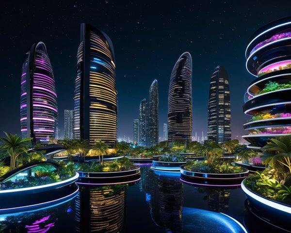 Futuristic Cityscape with Vibrant Night Illumination