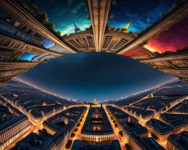 Surreal Cityscape Blending Day and Night Elements