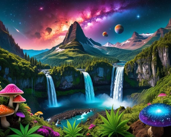 Majestic Fantasy Landscape with Waterfalls and Galaxies