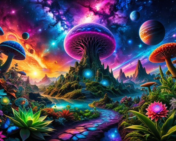 Vibrant Alien Landscape with Luminescent Mushrooms