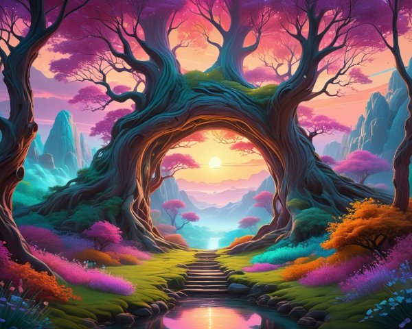 Magical landscape with vibrant trees and serene waterway
