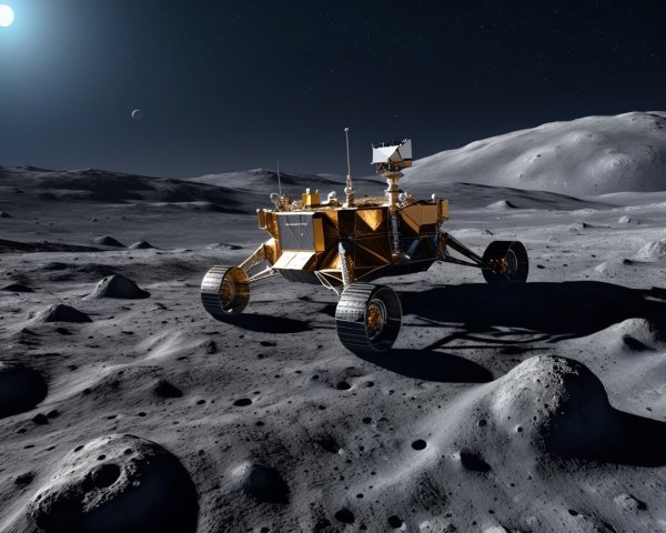 Lunar Rover Exploring Rugged Moon Terrain with Craters