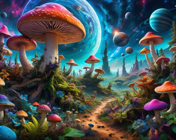 Whimsical Landscape with Colorful Mushrooms and Cosmos