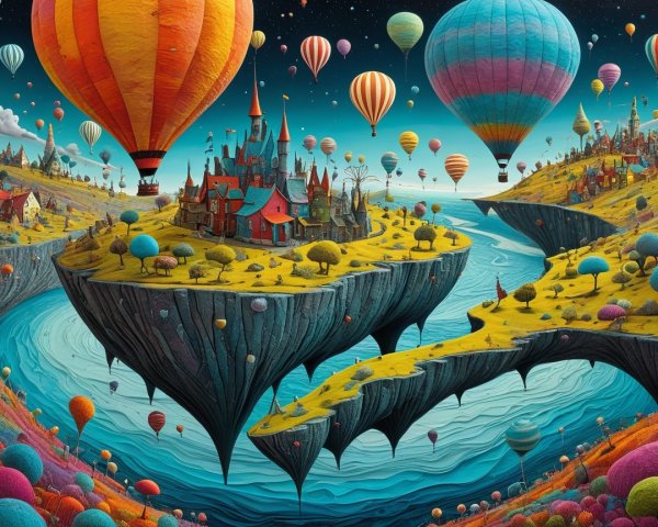 Whimsical Landscape with Hot Air Balloons and Castle