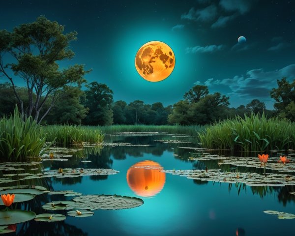 Moonlit Landscape with Pond and Water Lilies