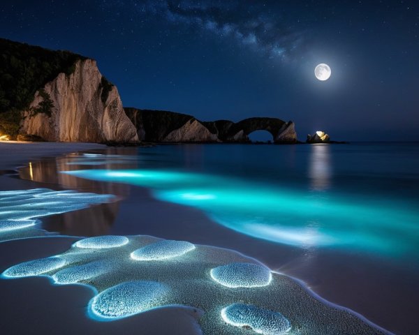Tranquil Beach Scene with Moonlit Coastline and Waves