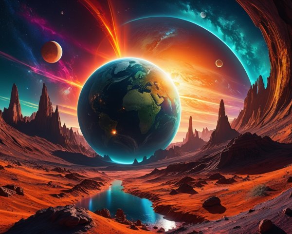 Vibrant Alien Landscape with Red Terrain and Planets