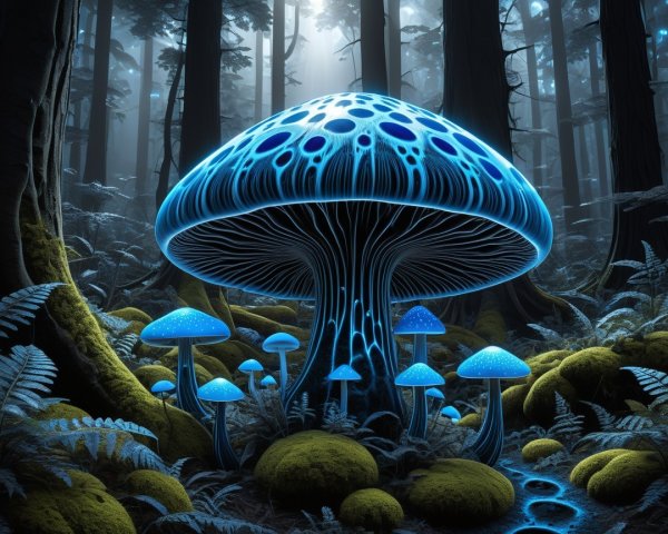 Surreal Bioluminescent Forest with Glowing Mushrooms