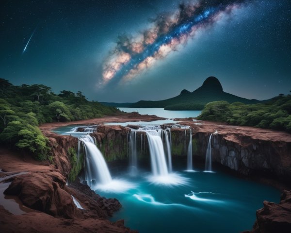 Cascading Waterfalls and Milky Way in Serene Landscape