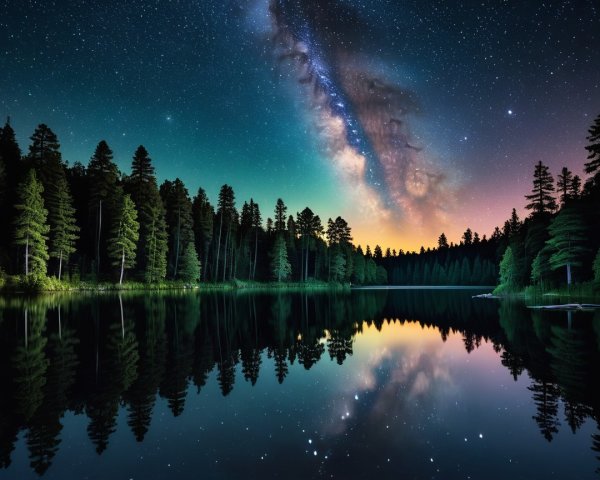Tranquil Lake with Evergreen Trees and Night Sky