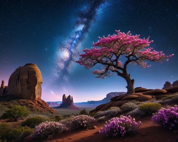 Vibrant Pink Tree in Starry Desert Landscape