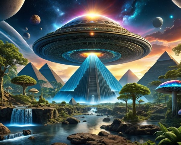 Alien Spaceship Over Futuristic Pyramid in Nature