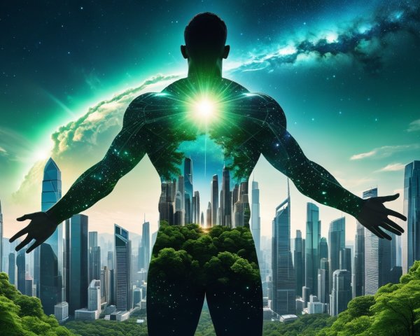 Silhouette with Nature and City Against Cosmic Background