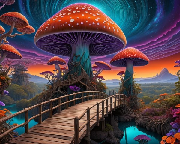 Surreal Landscape with Vibrant Mushrooms and Bridge