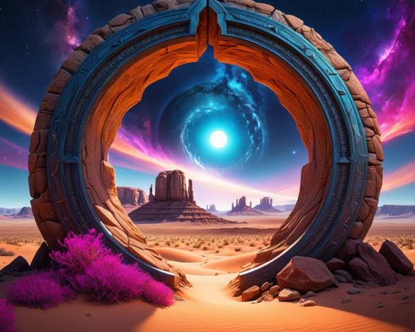 Stone Archway in Desert with Cosmic Galaxy View