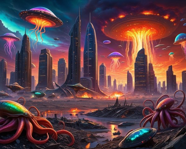 Futuristic cityscape with jellyfish and UFOs in chaos