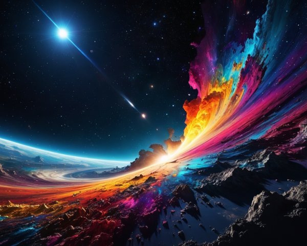 Vibrant Cosmic Nebula Over Mountainous Landscape