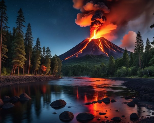 Volcano Eruption at Twilight with Lush Landscape