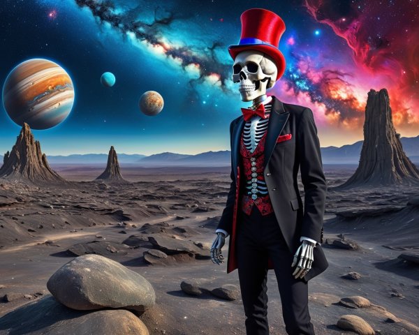Skeleton in Suit on Alien Landscape with Cosmic View