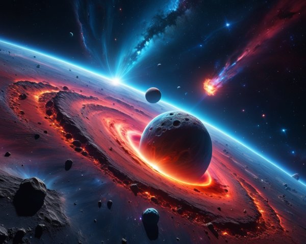 Vibrant Cosmic Scene with Planet and Fiery Debris