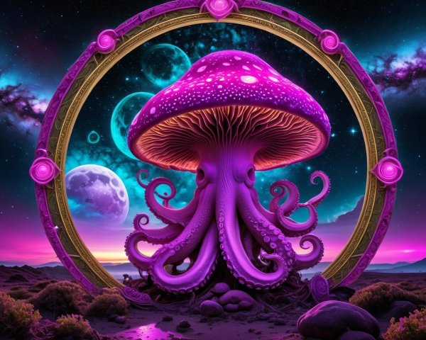 Surreal Scene of Glowing Mushroom with Tentacles
