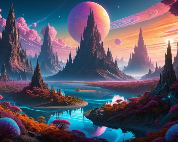 Alien Landscape with Mountains and Colorful Skies