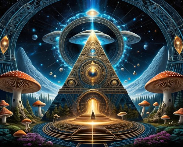 Mystical Landscape with Pyramid and Vibrant Mushrooms