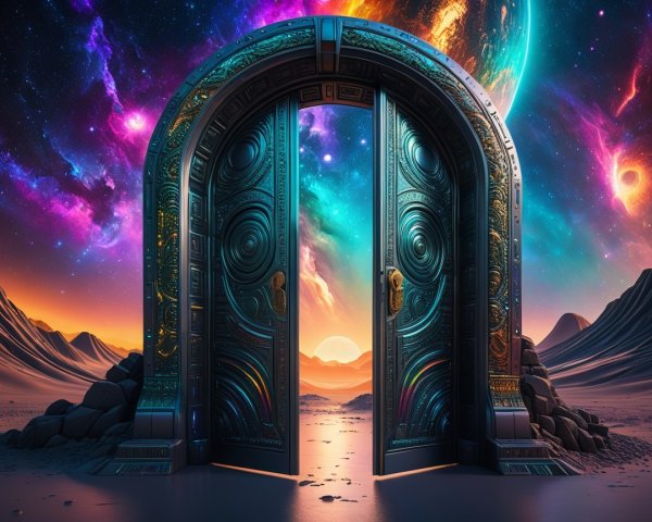 Ornate Doors Against Cosmic Nebula Landscape