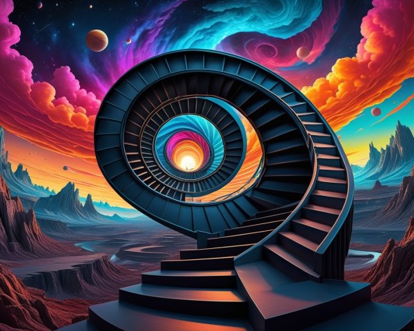 Surreal Spiraling Staircase in a Cosmic Landscape