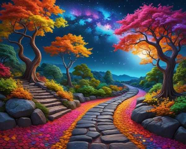 Autumn Pathway with Vibrant Trees and Twilight Sky
