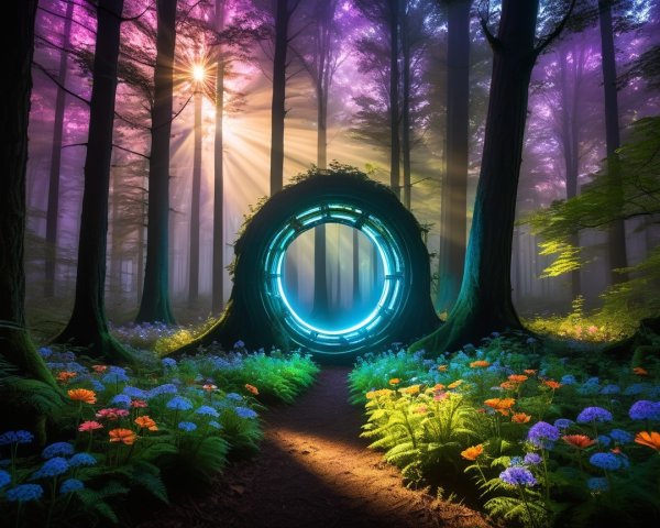 Mystical forest with vibrant purple and gold hues