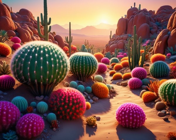 Vibrant Desert Landscape with Colorful Cacti at Sunset