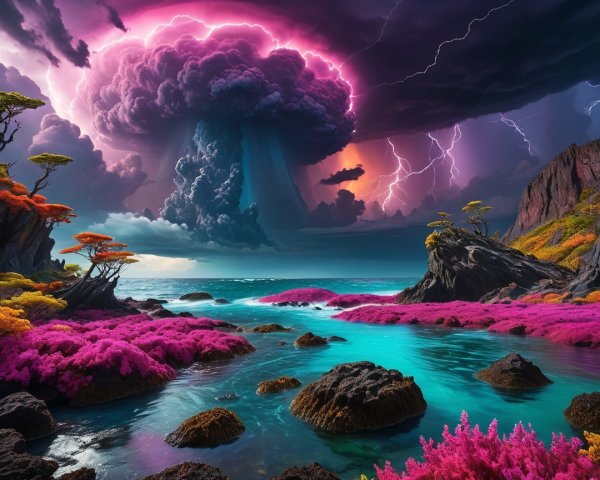 Surreal Seascape with Stormy Clouds and Vibrant Flora