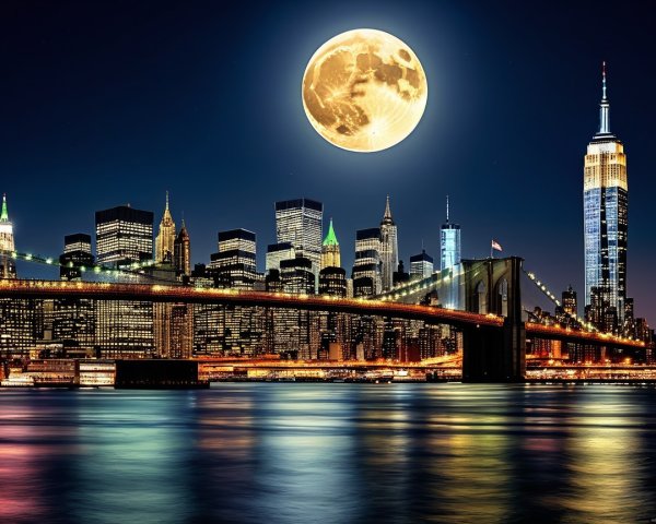 New York City Night Skyline with Brooklyn Bridge and Moon