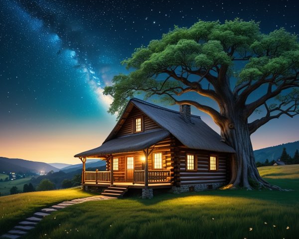 Cozy log cabin in serene twilight landscape with stars
