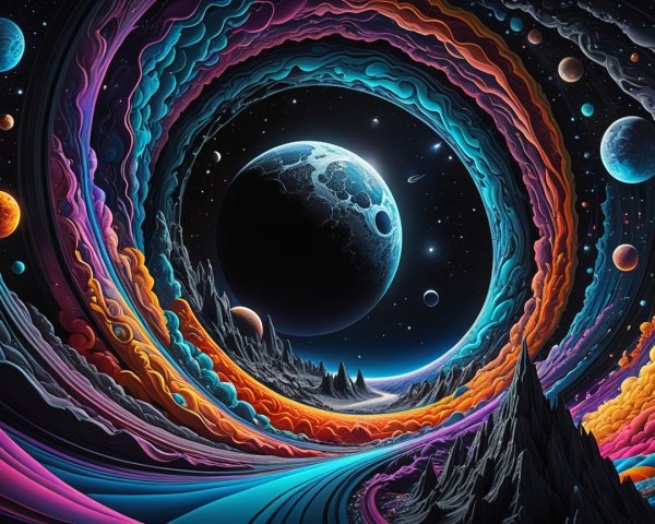 Cosmic Scene with Colorful Waves and Celestial Bodies