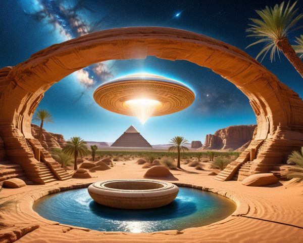 Futuristic desert scene with pyramid and spaceship